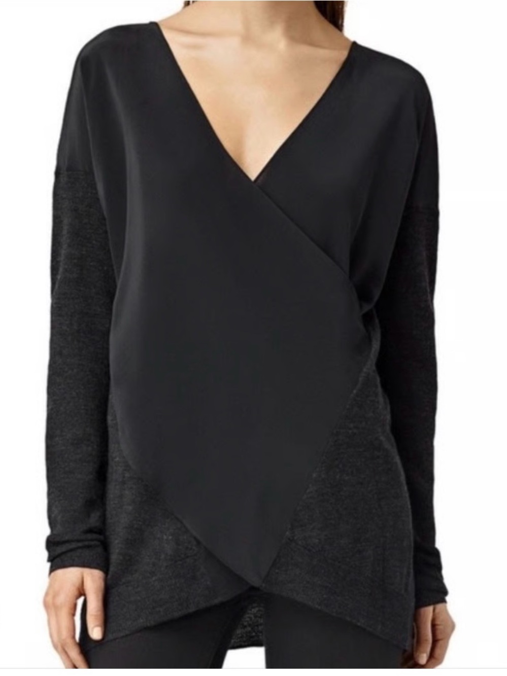 All Saints Black Merino Wool Overlap V-Neck Pullover